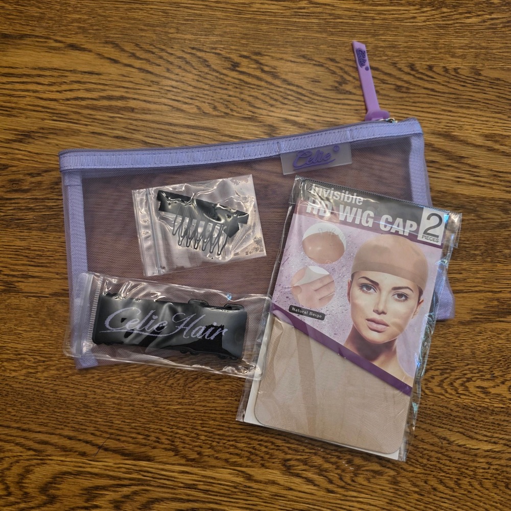 Celie Hair Wig Accessory Kit HD Wig Caps Melt Band Comb Purple Mesh Pouch NEW